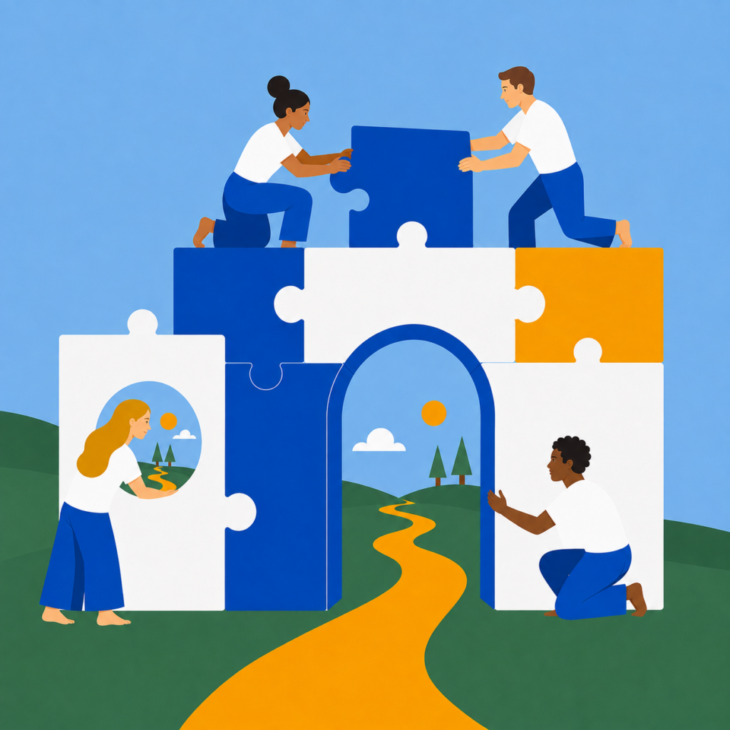 Mensen bouwen samen aan een route door losse puzzelstukken